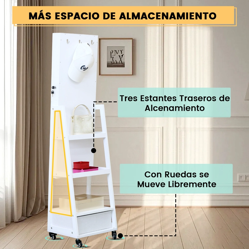 ESPEJO JOYERO ORGANIZAOR CON LED CAJON Y RUEDAS 158M BLANCO - 4