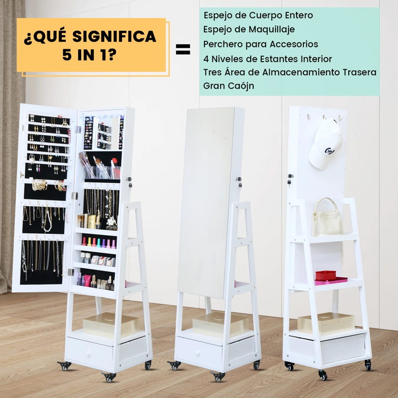 ESPEJO JOYERO ORGANIZAOR CON LED CAJON Y RUEDAS 158M BLANCO - 7