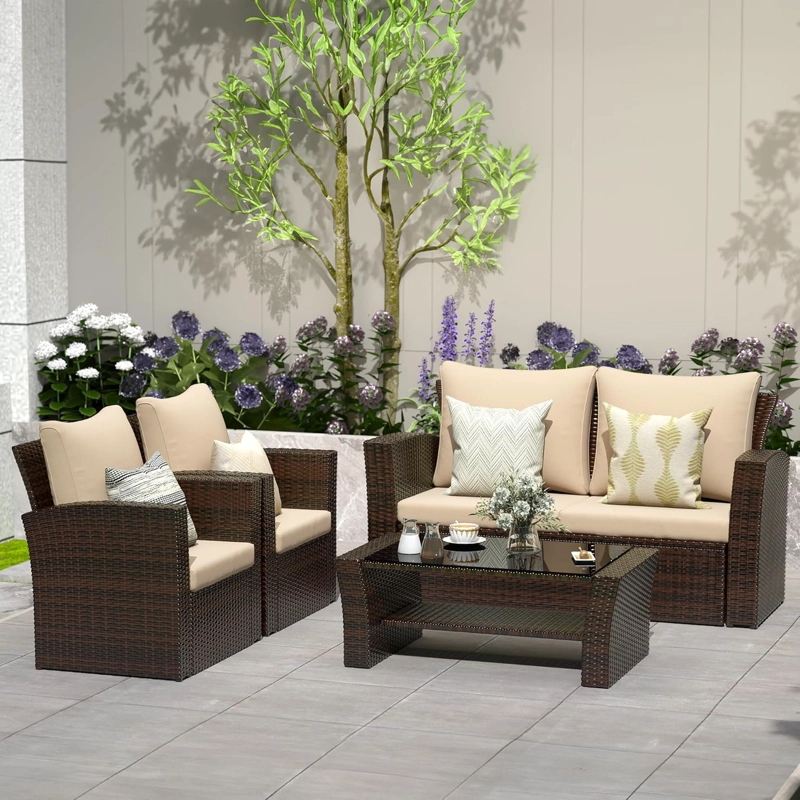 JUEGO DE LIVING DE TERRAZA 4 PERSONAS DE RATAN SINTE TICO MARRON - 1