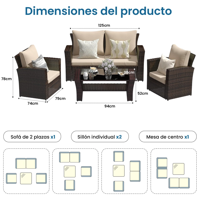 JUEGO DE LIVING DE TERRAZA 4 PERSONAS DE RATAN SINTE TICO MARRON - 7