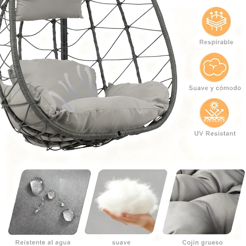 SILLA COLGANTE DE TERRAZA BRISA CON COJINES ENSANCHADO GRIS - 3