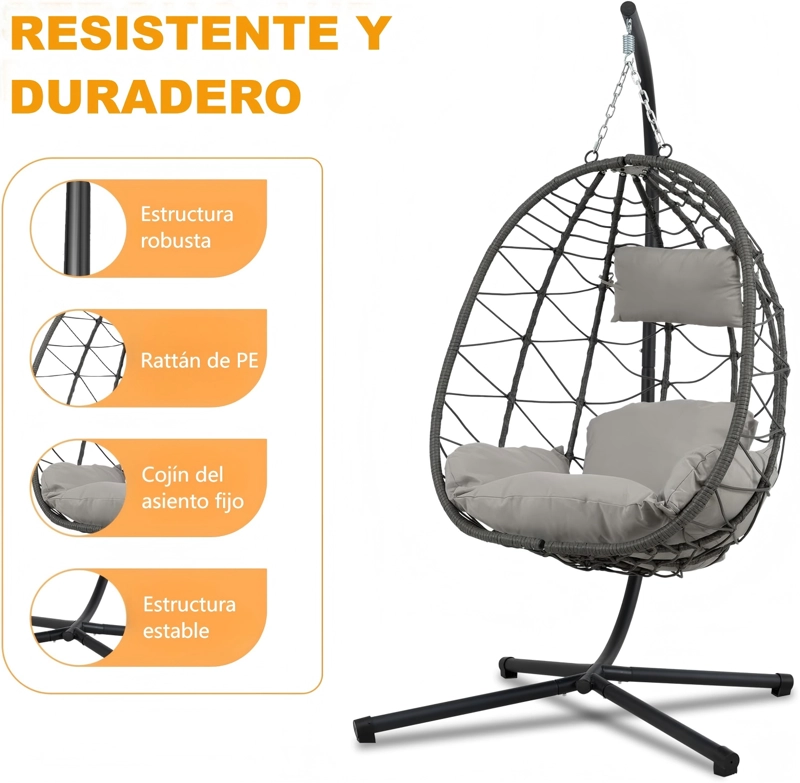 SILLA COLGANTE DE TERRAZA BRISA CON COJINES ENSANCHADO GRIS - 4