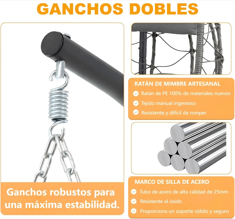 SILLA COLGANTE DE TERRAZA BRISA CON COJINES ENSANCHADO GRIS - 5
