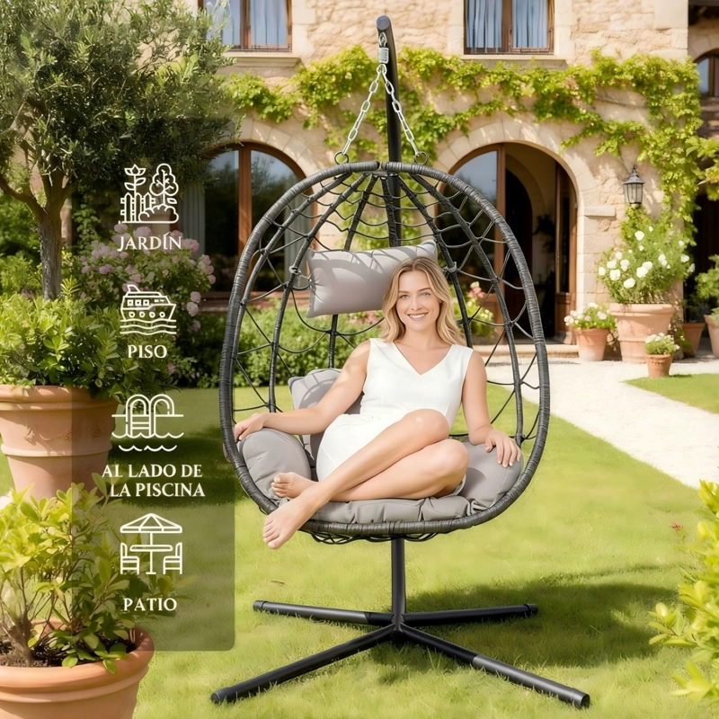 SILLA COLGANTE DE TERRAZA BRISA CON COJINES ENSANCHADO GRIS - 7