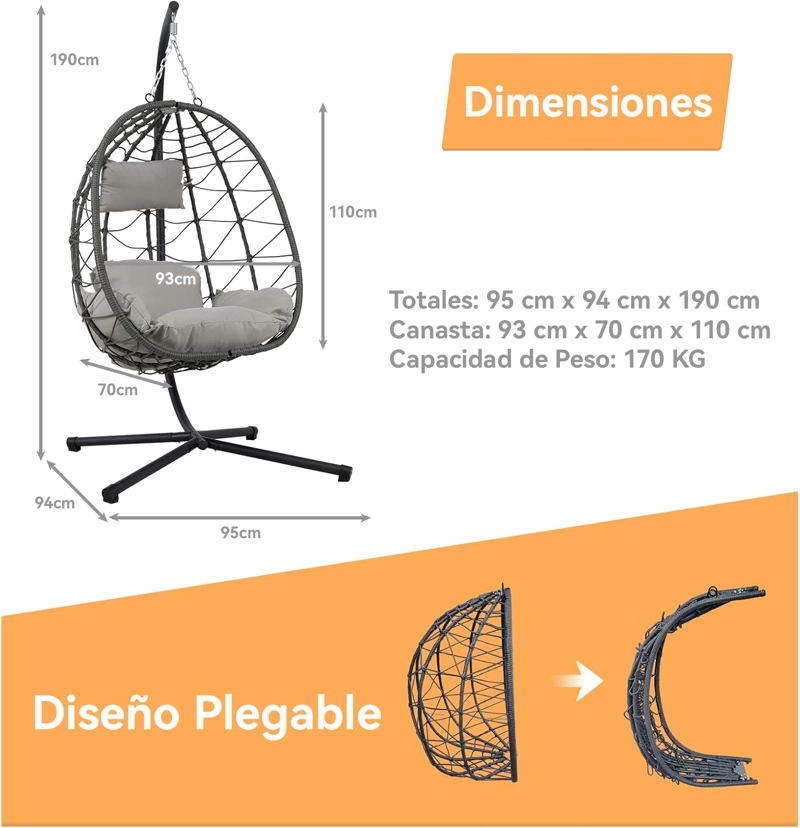 SILLA COLGANTE DE TERRAZA BRISA CON COJINES ENSANCHADO GRIS - 8