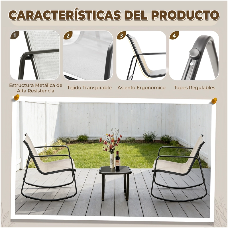 JUEGO DE LIVING DE TERRAZA Y BALCON 3 PIEZAS 2 PERSONAS BEIGE NEGRO - 6