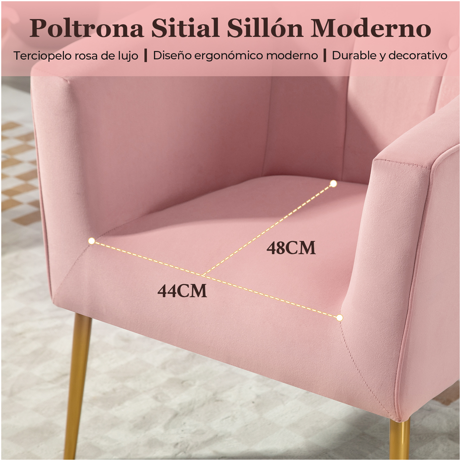 POLTRONA SITIAL AURORA SILLON MODERNO 1 CUERPO ROSA DE TERCIOPELO - 6