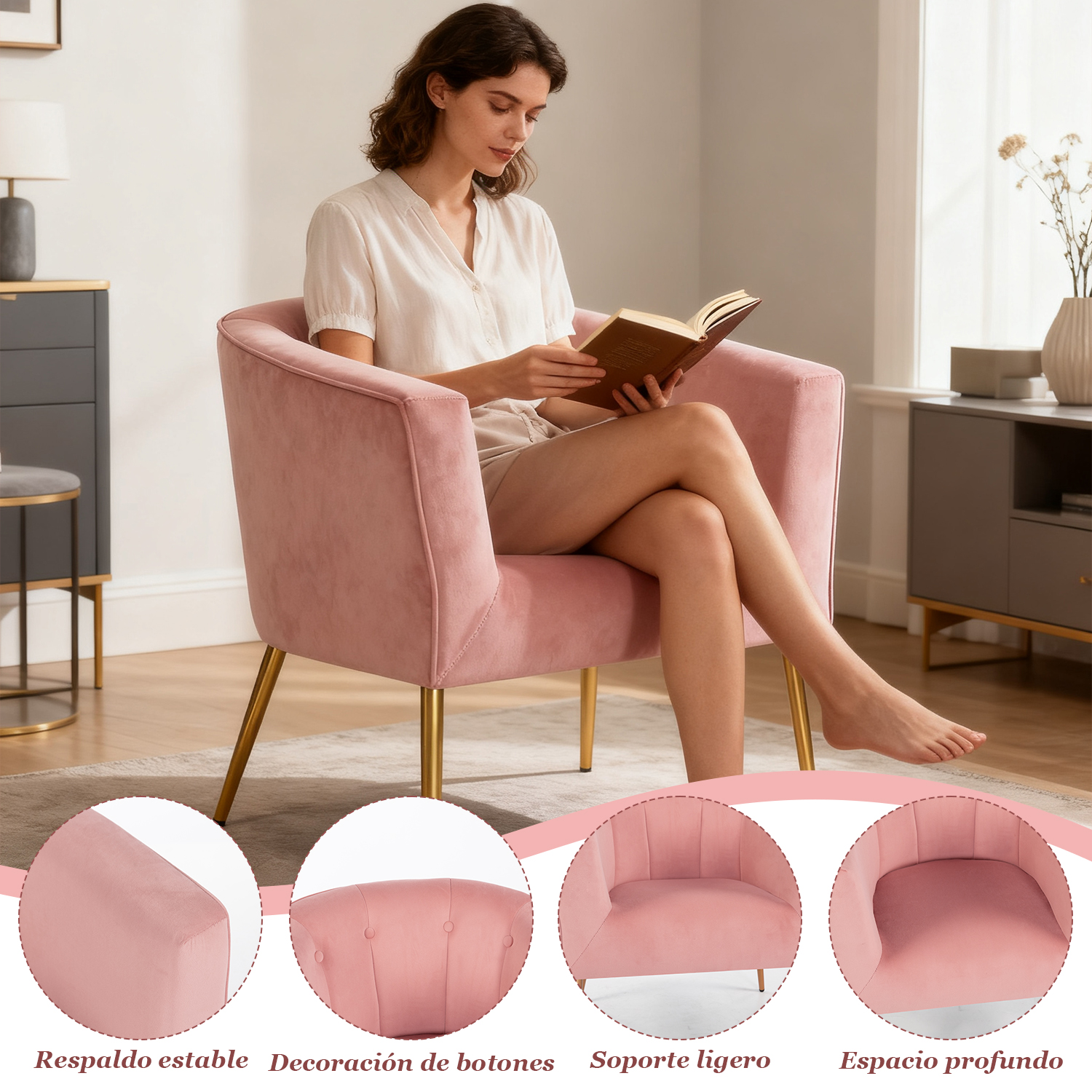 POLTRONA SITIAL AURORA SILLON MODERNO 1 CUERPO ROSA DE TERCIOPELO - 8