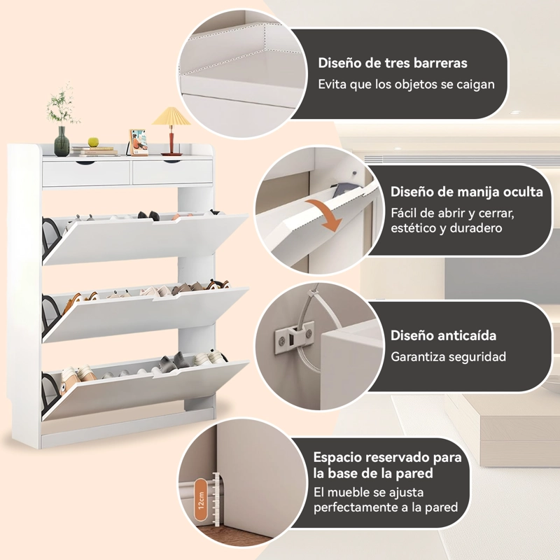 ZAPATERO ORGANIZADOR CON 3 PUERTAS Y 2 CAJONES, CAPACIDAD 12 PARES - 4