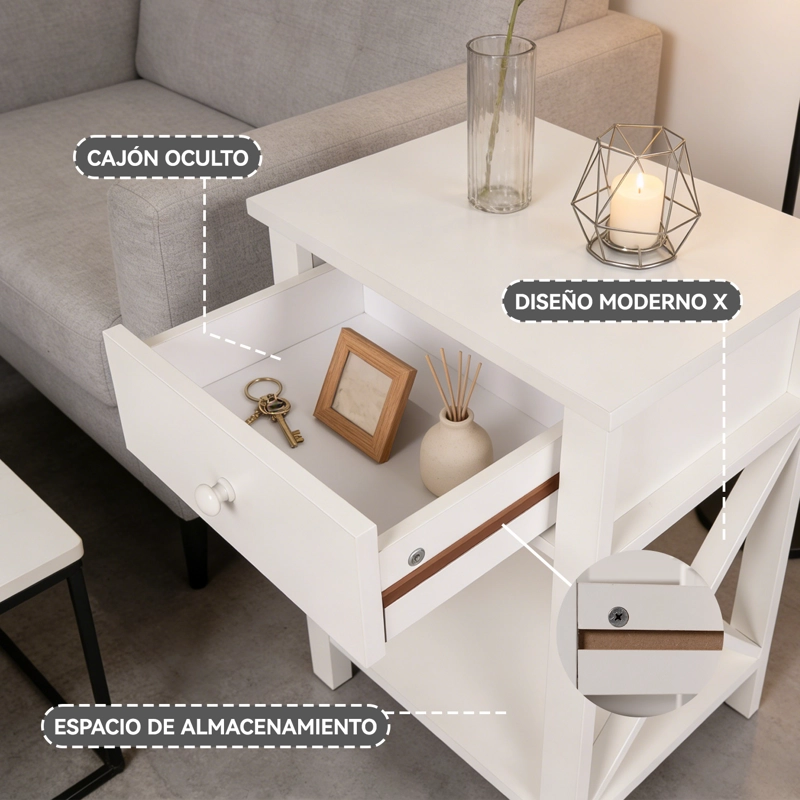 VELADOR 40X30X58CM BLANCO 1 CAJON INDUSTRIAL MDF MESAS LATERALES - 3