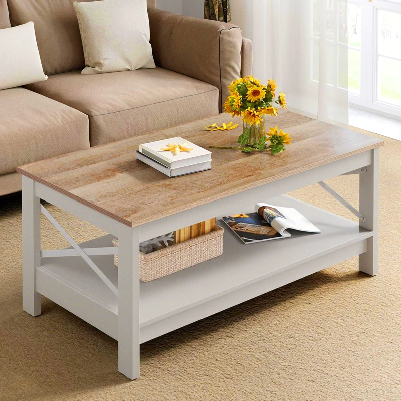MESA DE CENTRO RECTANGULAR ESTILO RUSTICO DE 2 NIVELES - 1