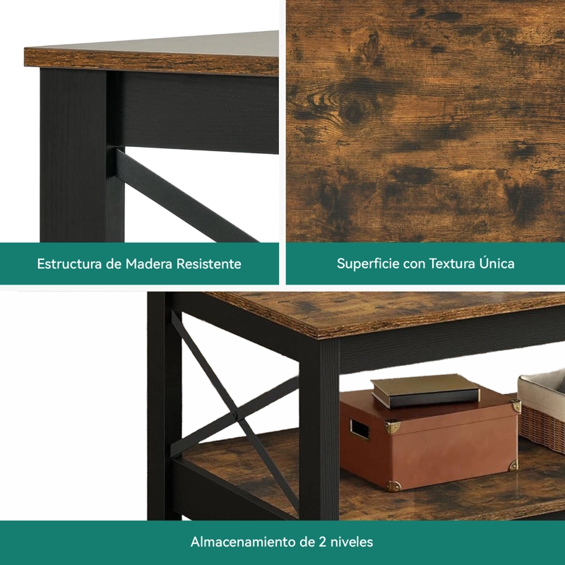 MESA DE CENTRO RECTANGULAR ESTILO RUSTICO DE 2 NIVELES - 2