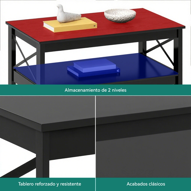 MESA DE CENTRO RECTANGULAR ESTILO RUSTICO DE 2 NIVELES - 2