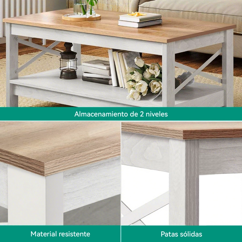 MESA DE CENTRO RECTANGULAR ESTILO RUSTICO DE 2 NIVELES - 3