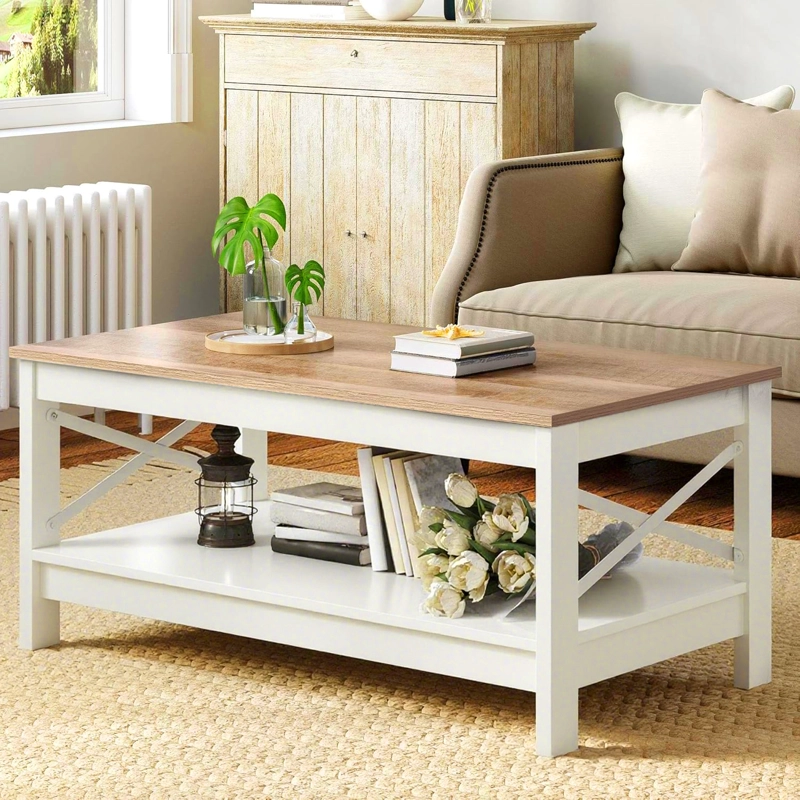 MESA DE CENTRO RECTANGULAR ESTILO RUSTICO DE 2 NIVELES - 4