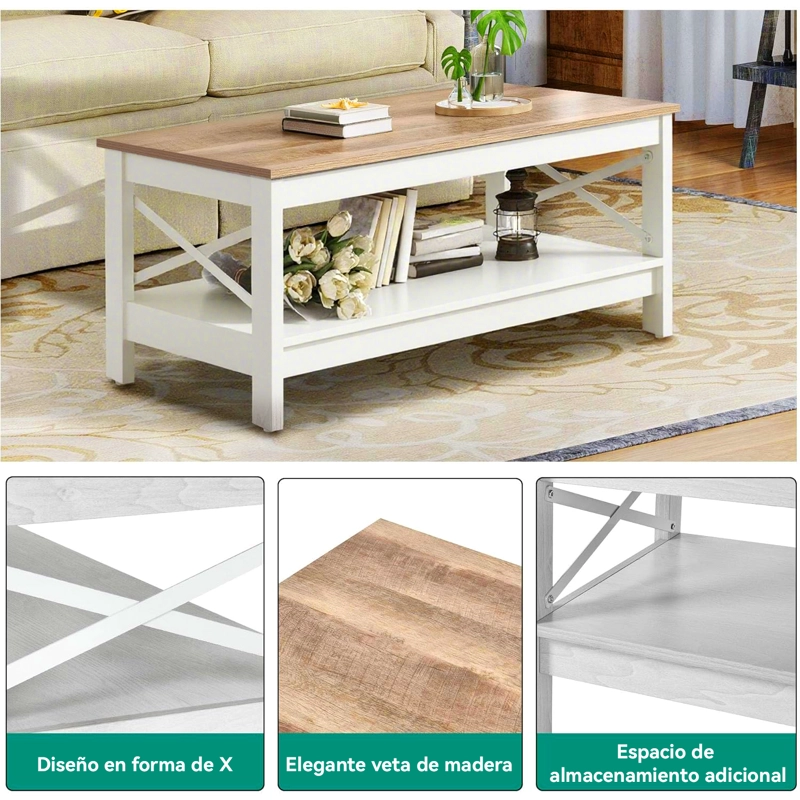 MESA DE CENTRO RECTANGULAR ESTILO RUSTICO DE 2 NIVELES - 6