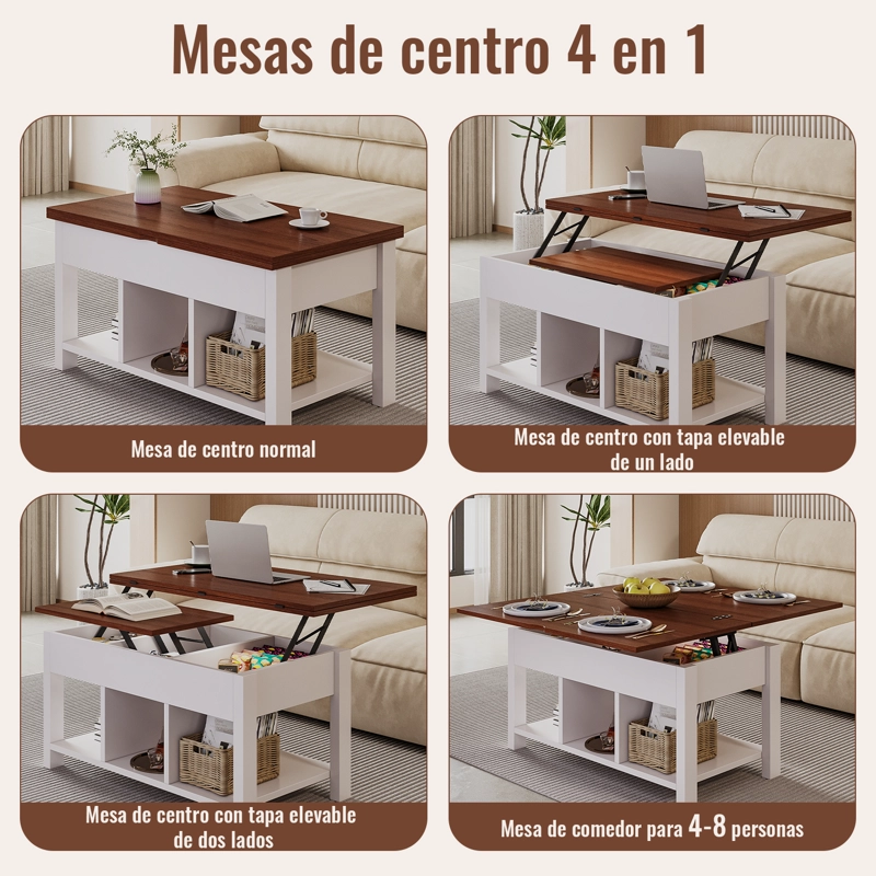 MESA DE CENTRO 4 IN 1 CON DOBLE CUBIERTA ELEVABLE MARRON - 2