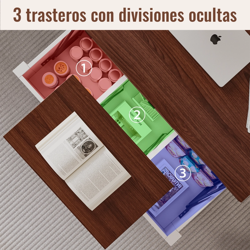 MESA DE CENTRO 4 IN 1 CON DOBLE CUBIERTA ELEVABLE MARRON - 3