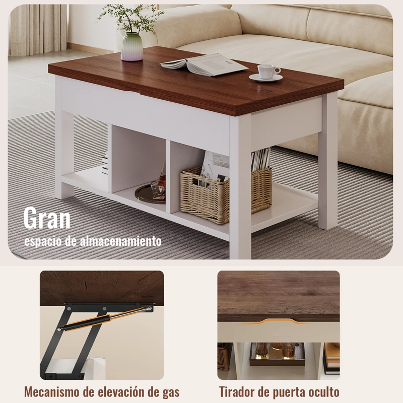 MESA DE CENTRO 4 IN 1 CON DOBLE CUBIERTA ELEVABLE MARRON - 5