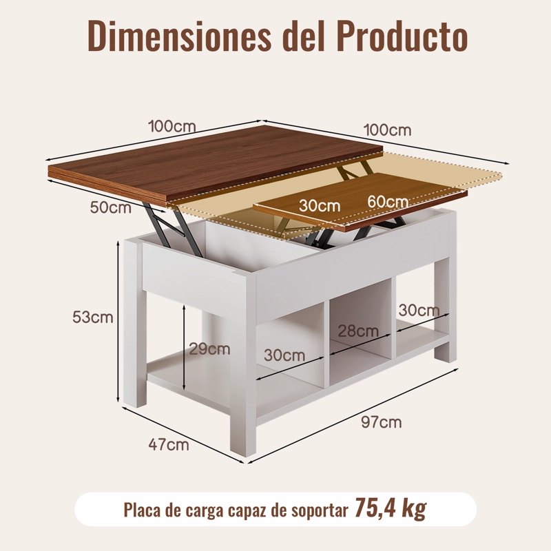 MESA DE CENTRO 4 IN 1 CON DOBLE CUBIERTA ELEVABLE MARRON - 7