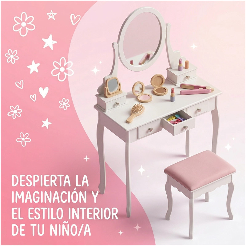 TOCADOR CON ESPEJO GIRATORIO NIÑA 5 CAJONES Y BANQUETA MODERNO BLANCO - 3