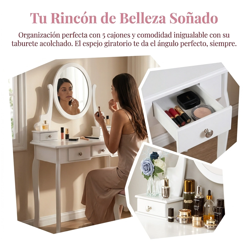 TOCADOR CON ESPEJO GIRATORIO NIÑA 5 CAJONES Y BANQUETA MODERNO BLANCO - 6