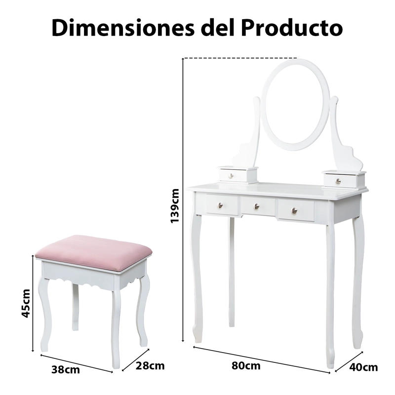 TOCADOR CON ESPEJO GIRATORIO NIÑA 5 CAJONES Y BANQUETA MODERNO BLANCO - 8