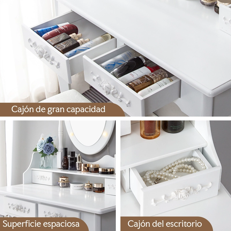 TOCADOR CON ESPEJO LED GIRATORIO 4 CAJONES Y BANQUETA BLANCO - 6