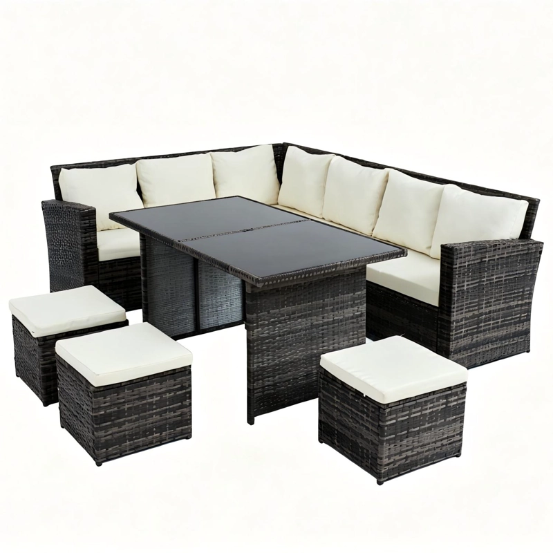 JUEGO DE COMEDOR DE TERRAZA 9 PERSONAS RIVIERA - MARRON/BEIGE - 1