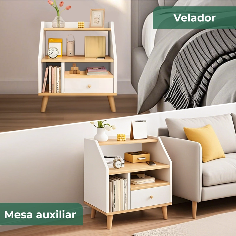VELADOR 2 NIVELES CON CAJONES, COLOR BLANCO/OAK, 40X30X53 CM - 6