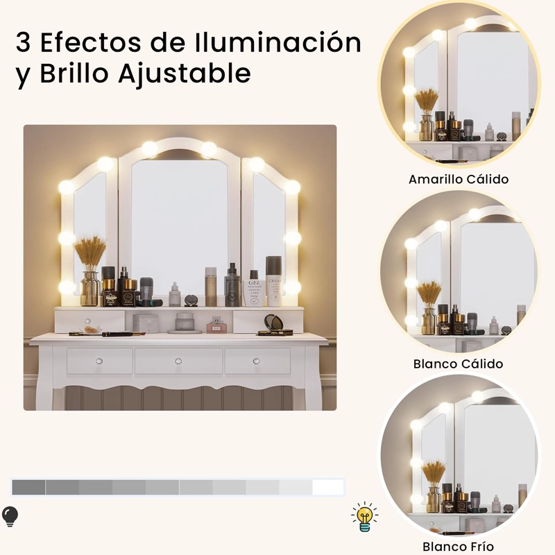 TOCADOR CON ESPEJO TRIPTICO ILUMINADO Y TABURETE ACOLCHADO BLANCO - 3