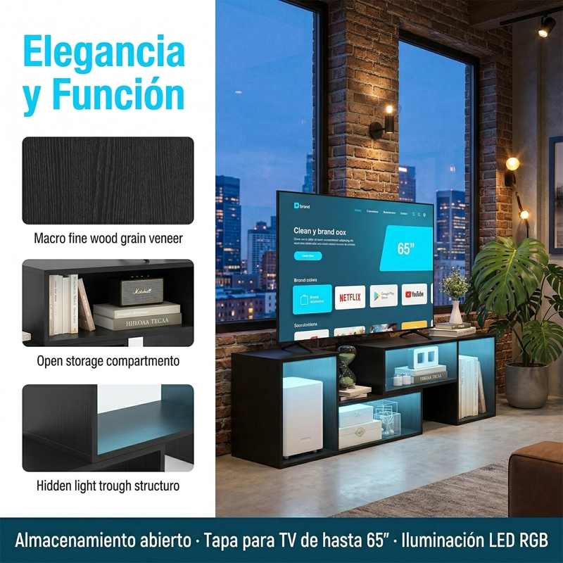 RACK TV 55” 145X35X49CM EXTENSIBLE CON LUZ RGB NEGRO - 7