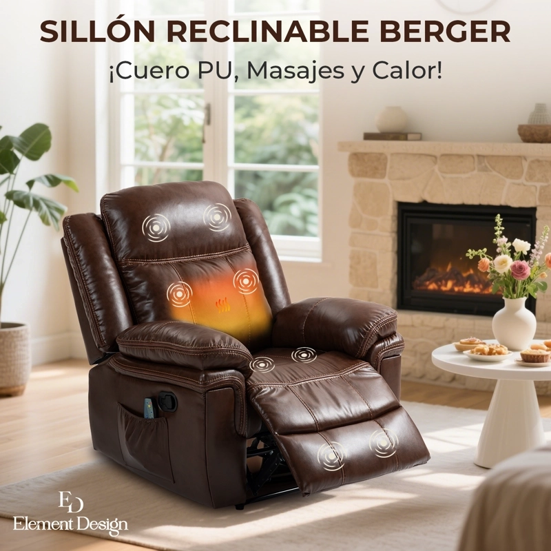 BERGER RECLINABLE FREDDO DE CUERO PU CON MASAJE Y CALEFACCION MARRON - 2