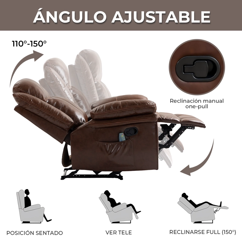 BERGER RECLINABLE FREDDO DE CUERO PU CON MASAJE Y CALEFACCION MARRON - 5