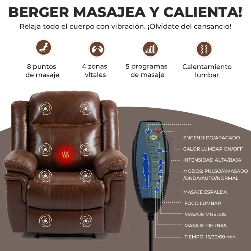 BERGER RECLINABLE FREDDO DE CUERO PU CON MASAJE Y CALEFACCION MARRON - 6