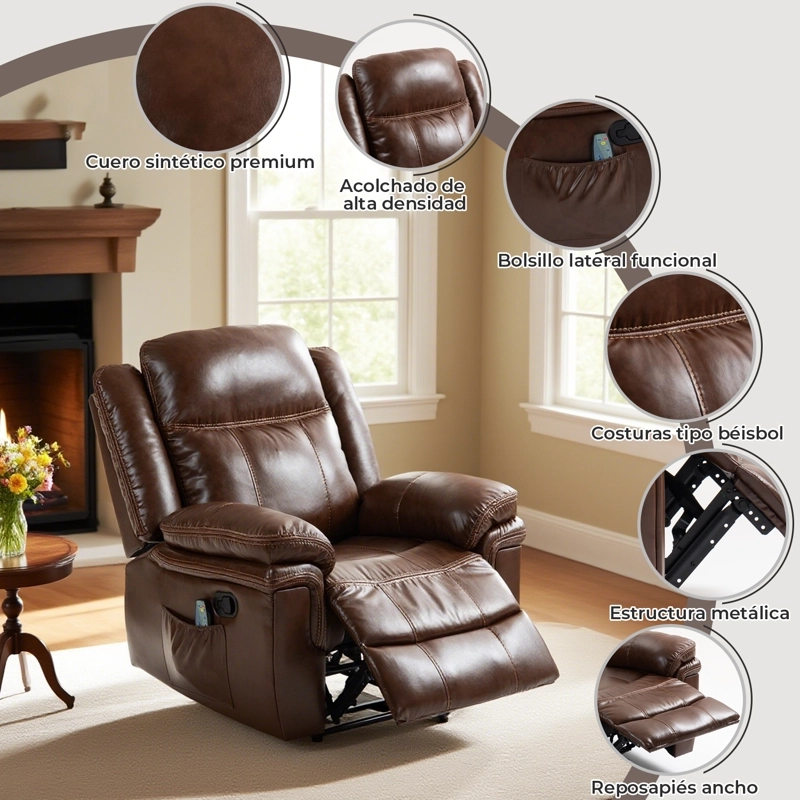 BERGER RECLINABLE FREDDO DE CUERO PU CON MASAJE Y CALEFACCION MARRON - 7