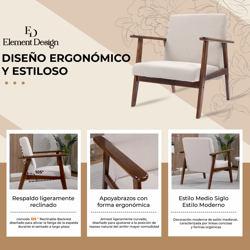 POLTRONA ELIDE MADERA COLOR MIELTAUPE MODERNA PARA LIVING DORMITORIO - 3
