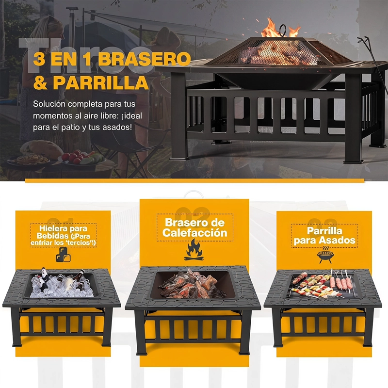 Brasero Parrilla Cuadrada Para Carbón Mesa de Fuego 3 en 1 Exterior - 3