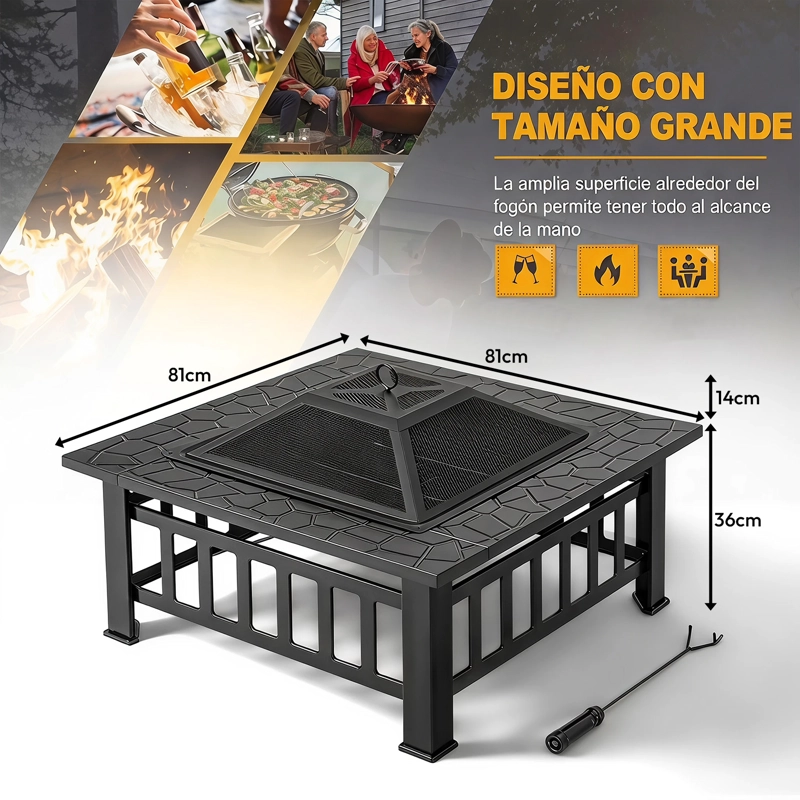 Brasero Parrilla Cuadrada Para Carbón Mesa de Fuego 3 en 1 Exterior - 7
