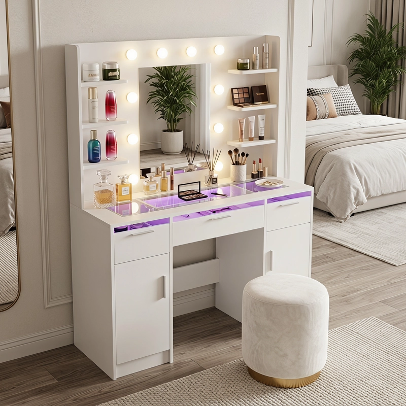TOCADOR BLANCO CON ESPEJO LED 3 TONOS, VIDRIO TEMPLADO Y CAJONES TRANSPARENTES CON LUZ RGB, MODERNO - 1