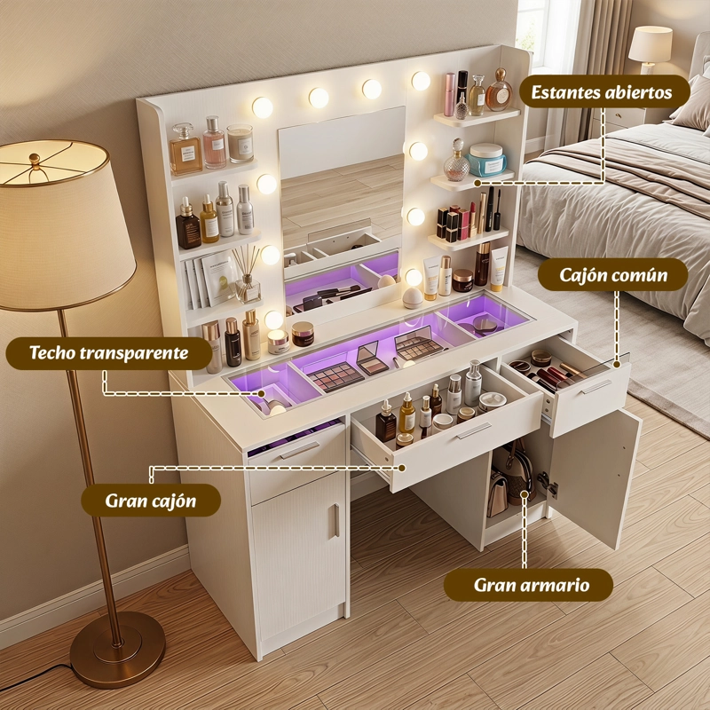 TOCADOR BLANCO CON ESPEJO LED 3 TONOS, VIDRIO TEMPLADO Y CAJONES TRANSPARENTES CON LUZ RGB, MODERNO - 2