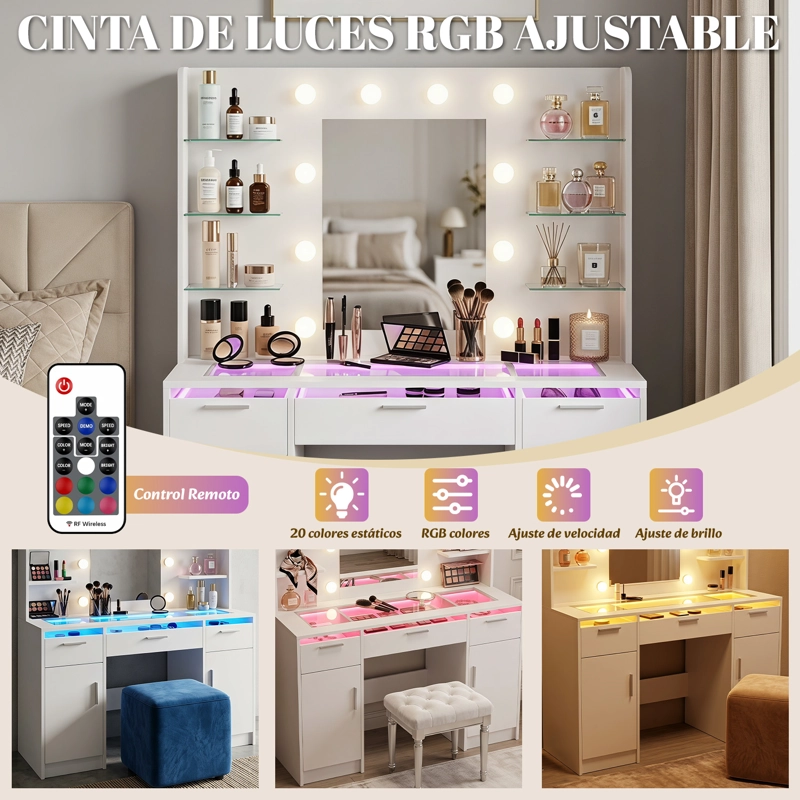 TOCADOR BLANCO CON ESPEJO LED 3 TONOS, VIDRIO TEMPLADO Y CAJONES TRANSPARENTES CON LUZ RGB, MODERNO - 3