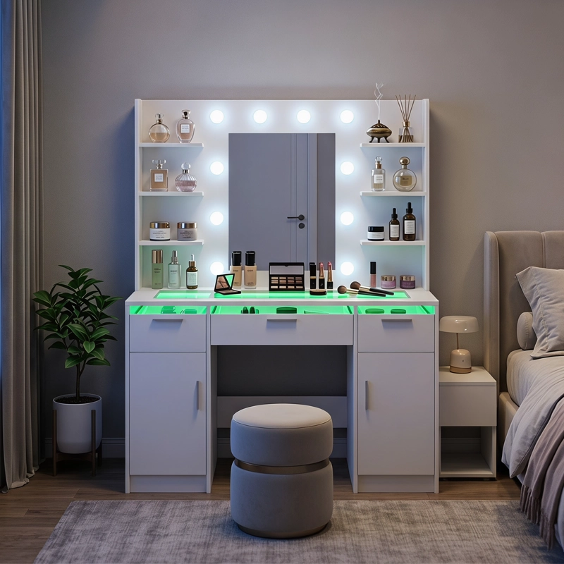 TOCADOR BLANCO CON ESPEJO LED 3 TONOS, VIDRIO TEMPLADO Y CAJONES TRANSPARENTES CON LUZ RGB, MODERNO - 6