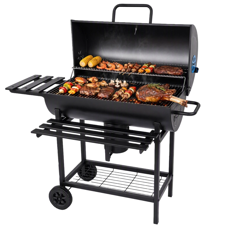 PARRILLA A CARBON CON AHUMADOR, TERMOMETRO 2 BANDEJAS LATERALES 113X38X120CM - 1