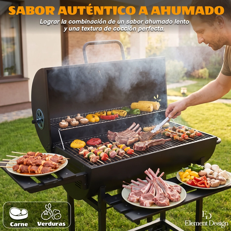 PARRILLA A CARBON CON AHUMADOR, TERMOMETRO 2 BANDEJAS LATERALES 113X38X120CM - 2