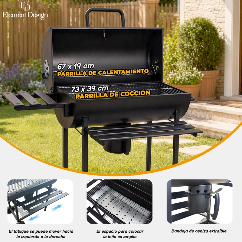 PARRILLA A CARBON CON AHUMADOR, TERMOMETRO 2 BANDEJAS LATERALES 113X38X120CM - 4