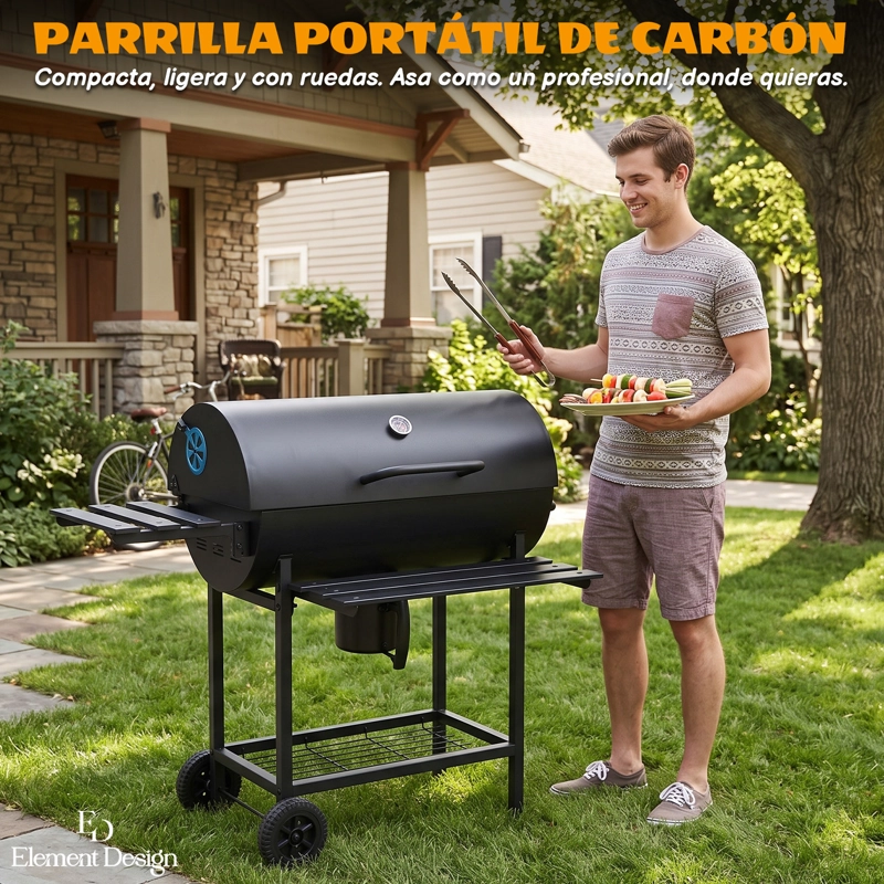 PARRILLA A CARBON CON AHUMADOR, TERMOMETRO 2 BANDEJAS LATERALES 113X38X120CM - 5