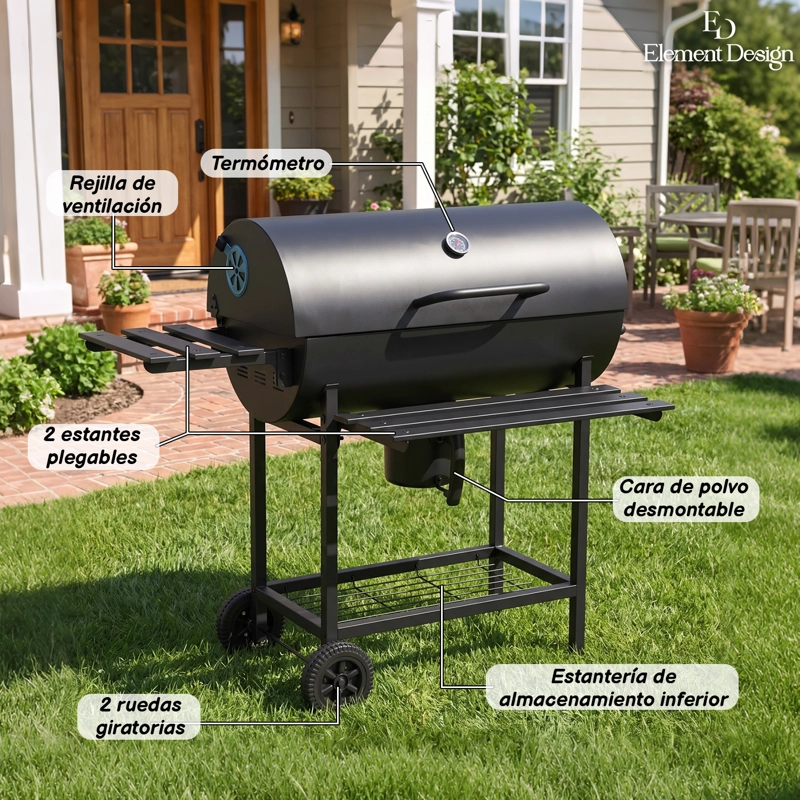 PARRILLA A CARBON CON AHUMADOR, TERMOMETRO 2 BANDEJAS LATERALES 113X38X120CM - 6
