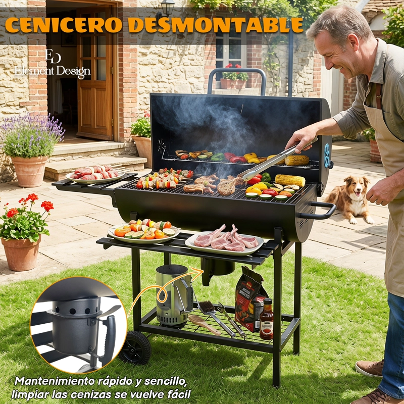 PARRILLA A CARBON CON AHUMADOR, TERMOMETRO 2 BANDEJAS LATERALES 113X38X120CM - 7