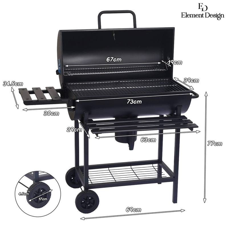 PARRILLA A CARBON CON AHUMADOR, TERMOMETRO 2 BANDEJAS LATERALES 113X38X120CM - 8